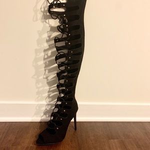Sexy knee high heel lace up boots